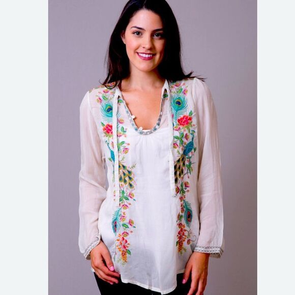Johnny Was Peacock Sable Embroidered White Blouse with Floral Accents - Picture 1 of 9